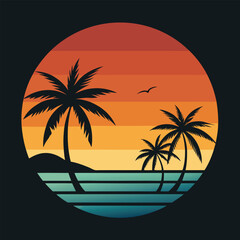 Obraz premium Golden Sunset Behind Silhouette Palm Trees or coconut trees on the Beach for t-shirt design 