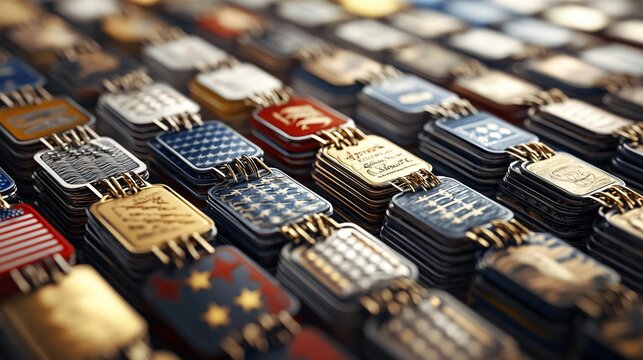 A vibrant collection of military medals displayed in an organized layout, showcasing various designs and patriotic symbols.