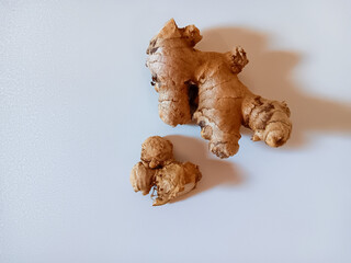 Top view of Fresh ginger root isolated on white background.