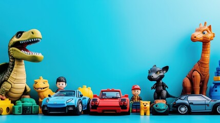 Colorful lineup of dinosaurs, cars, and toy figures, set against a bright blue backdrop. Great for kids' entertainment or toy-themed visuals.