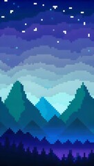 Fototapeta premium Night landscape with mountains and stars pixel art background. 8-bit game assets