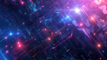 Glowing neon stars on a dark background with a circuit board pattern. Abstract futuristic technology concept with digital and electronic elements. Red, blue and purple lights shine