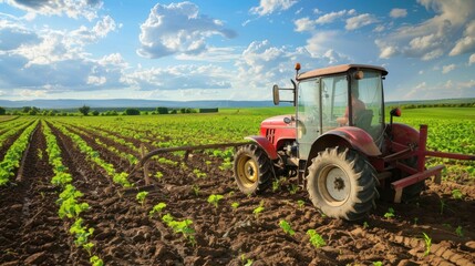 Obraz premium Red Tractor Working in a Field