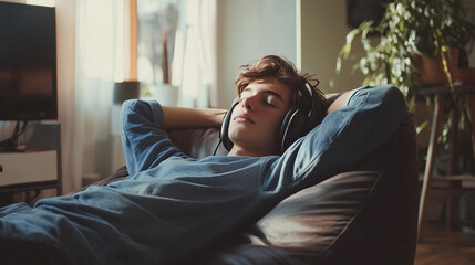 Obraz premium Teenager Relaxing at Home While Listening to Music