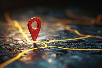 3D red location pin on a digital map with yellow lines, ideal for navigation, travel, and GPS-related visuals