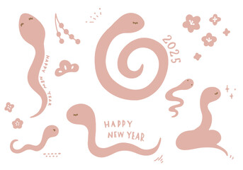 ピンクのへびと年賀素材のセット