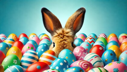 Festive Easter Celebration with a Bunny Hiding Among Vibrantly Colored Decorated Eggs on a Bright Blue Background