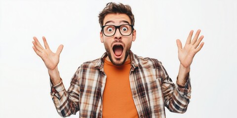 Naklejka premium A man displays a look of surprise and excitement with raised hands