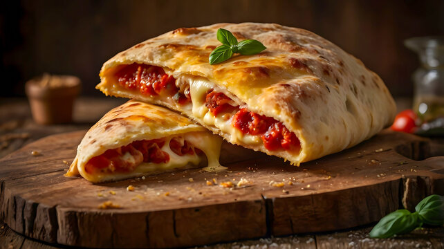 Calzone folded pizza cut in half on a wooden board, revealing its filling
