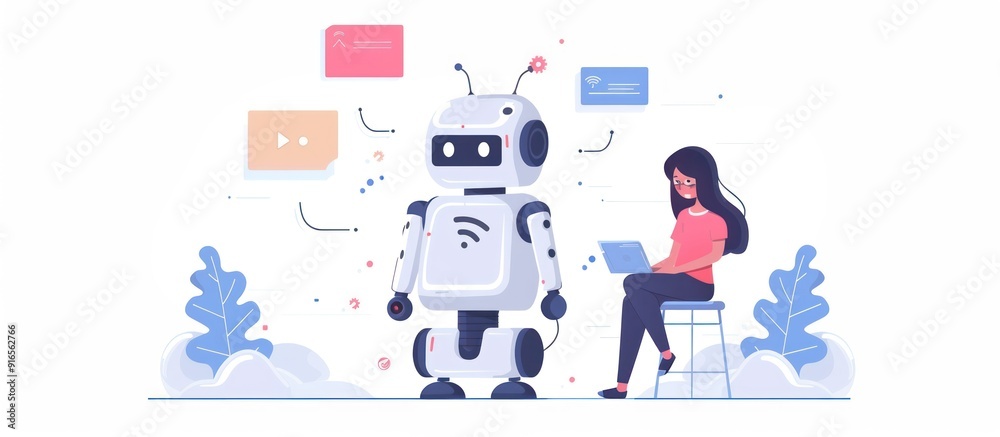 Wall mural woman working with a robot using a computer