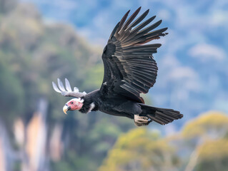 A majestic Andean Condor soars through the air with its wings fully extended, showcasing its powerful presence and impressive wingspan.