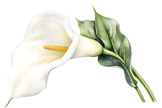 Single calla lily flower watercolor illustration isolated on white background