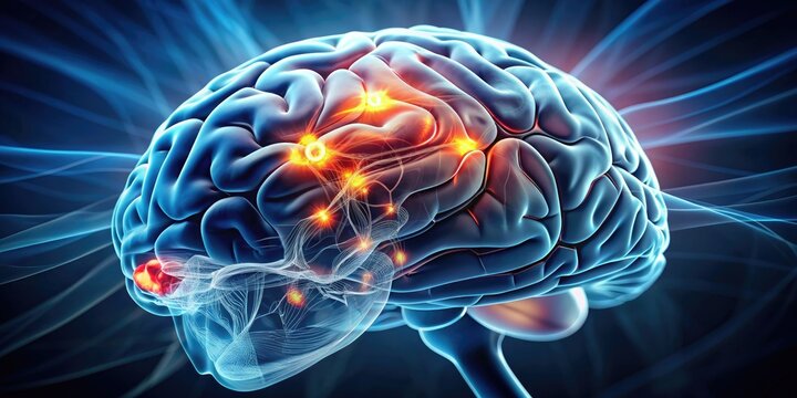 Close up of a human brain with highlighted areas showing signs of drug addiction, addiction, substance abuse
