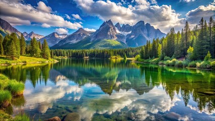 Scenic view of a tranquil lake nestled in the midst of majestic mountain range during summertime, summer, landscape