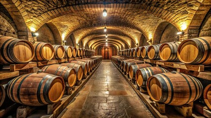 European underground cellar filled with barrels , wine, cellar, storage, vintage, underground, rustic, oak, winery, wood