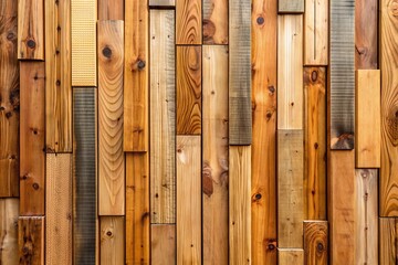 Natural wooden vertical boards create a unique wall pattern texture, perfect for interior design decor and background elements.