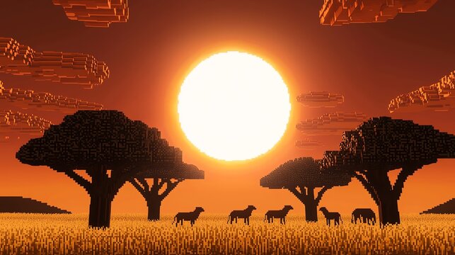 A pixel art savanna with acacia trees and grazing animals under a bright sun