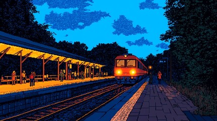 Fototapeta premium A pixel art train station at night, with a train arriving and people waiting