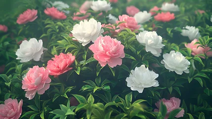 Fotobehang Beautiful pink and white peonies in a lush green garden. © Swaha