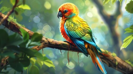 Fototapeta premium Beautiful Colorful Bird Sitting on a Branch in Lush Greenery. panoramic, bokeh effect. ai-generated