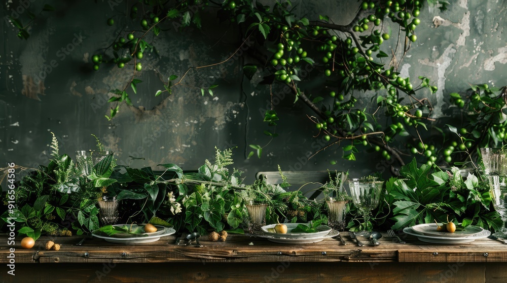 Poster Wooden table adorned with greenery