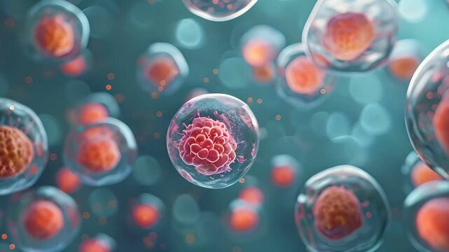 Microscopic view of human cells in division process. Concept of biology, life science, and medical research background.