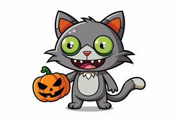 Cartoon Zombie Cat Holding a Pumpkin vector illustration on a white background.