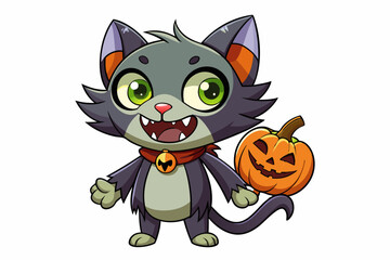 Cartoon Zombie Cat Holding a Pumpkin vector illustration on a white background.