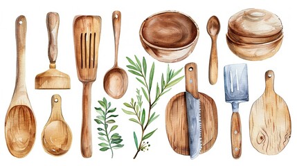 kitchen utensils isolated on a white background,watercolor painting.