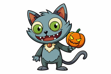 Cartoon Zombie Cat Holding a Pumpkin vector illustration on a white background.