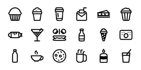 Set of 18 outline icons related to food and drinks in a linear style.