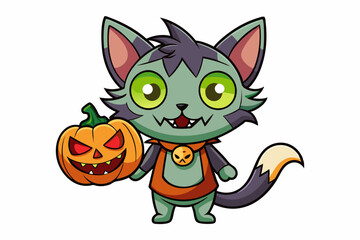 Cartoon Zombie Cat Holding a Pumpkin vector illustration on a white background.