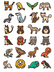 A collection of cartoon animals, including birds, cats, and dogs