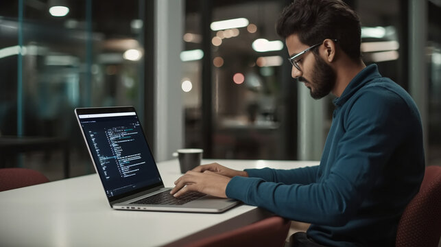 A photo of an Indian software developer writing code on his laptop in the office.