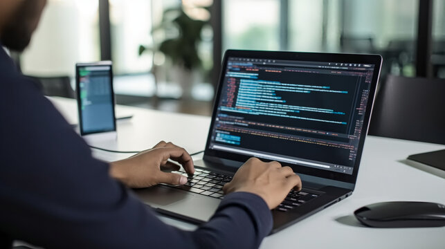 A photo of an Indian software developer writing code on his laptop in the office.