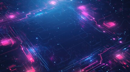 Glowing neon stars on a dark background with a circuit board pattern. Abstract futuristic technology concept with digital and electronic elements. Red, blue and purple lights shine