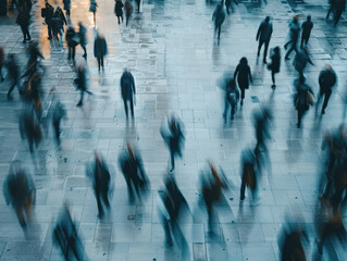A high-angle view of a busy city street with blurred silhouettes of people walking, creating a sense of motion and anonymity.