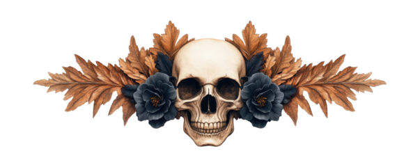 A detailed skull art design featuring vibrant flowers and leaves, perfect for gothic or nature-themed projects.