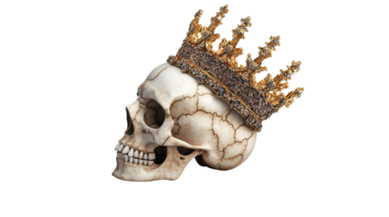 A decorative skull wearing a vintage crown, symbolizing death, royalty, and the passage of time in a haunting yet artistic way.