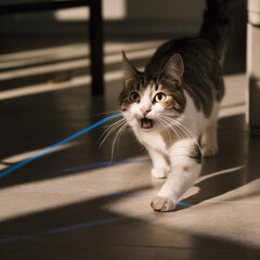 A cat with wide eyes chasing a laser pointer