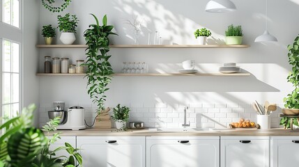 A kitchen counter with a sink, a potted plant, and a bottle of wine