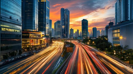 Fototapeta premium A high-quality photo of a modern cityscape with tall buildings and a stunning sunset sky, capturing the transition from day to night.