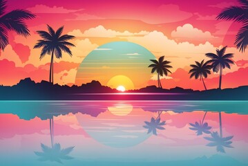 Obraz premium Ocean landscape with coconut trees in silhouette against sunset nature background 