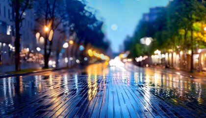 Rain-soaked street glistens with city lights at dusk, creating a dreamy, reflective atmosphere in an urban landscape.