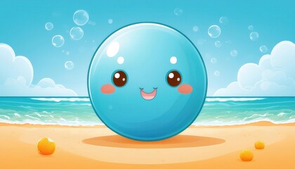 Naklejka premium A cheerful blue bubble character smiling on a sunny beach, surrounded by soft sand and gentle ocean waves.