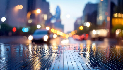 Obraz premium A blurred street scene reflecting lights on a wet pavement, capturing the essence of a rainy urban evening.