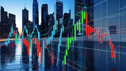 Cityscape with a series of dynamic forex charts
