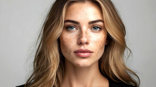 Close-up face of attractive young beautiful woman with dark spot on her face skin, hyperpigmentation melasma caused by hormonal changes or freckles spots caused by genetics or exposure to the sun