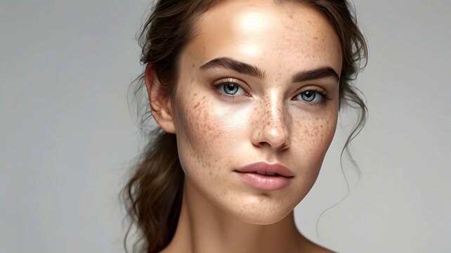 Close-up face of attractive young beautiful woman with dark spot on her face skin, hyperpigmentation melasma caused by hormonal changes or freckles spots caused by genetics or exposure to the sun