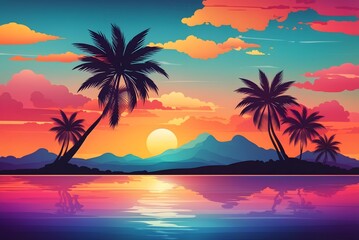 Ocean landscape with coconut trees in silhouette against sunset nature background
